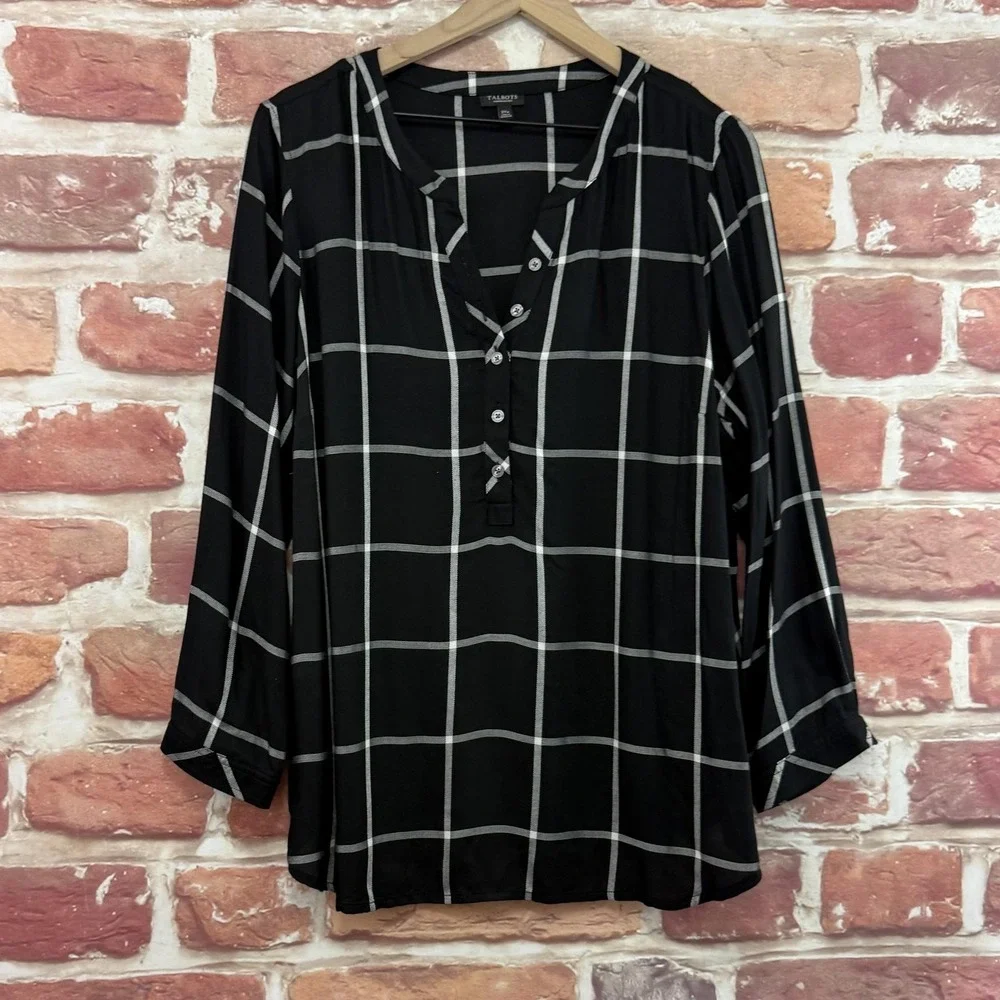 Talbots Top Women's 2X Petite Black White Windowpane Plaid Casual Popover Shirt